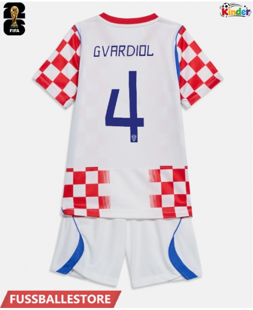 Günstige Kroatien Josko Gvardiol #4 Heimtrikotsatz Kinder WM 2026 Kurzarm (+ Kurze Hosen)